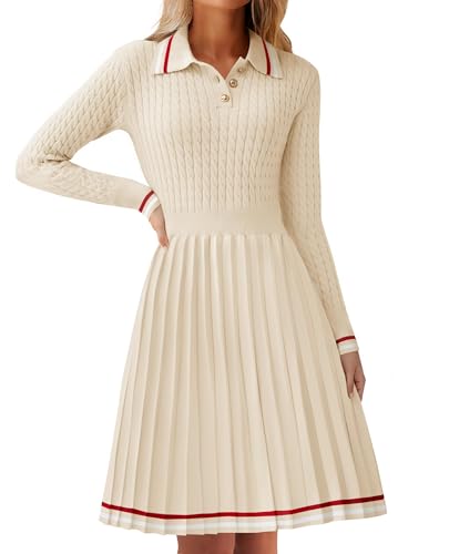 ZESICA Damen Midi-Pulloverkleid 2024 Herbst Langarm Zopfmuster A-Linie Swing Plissee Kleider, Beige, Klein von ZESICA