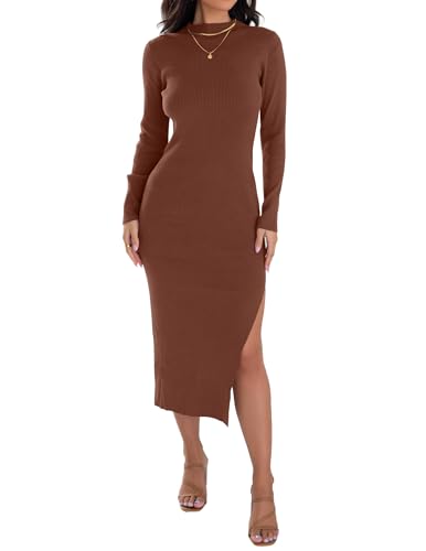 ZESICA Damen Mock Neck Sweater Kleider Langarm Seitenschlitz Slim Fit Herbst Elegant Rippstrick Midikleid, Kaffee, X-Groß von ZESICA