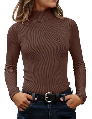 ZESICA Damen Rollkragen Langarm Shirts Frühling Basic Tops Slim Fitted Rippstrick Sweater, Kaffee, Groß von ZESICA