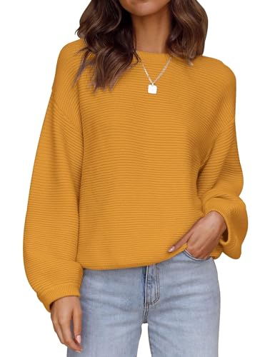 ZESICA Damen Rundhalsausschnitt Lange Laternenärmel Casual Lose Rippstrick Solid Weich Pullover Sweater Tops, ingwer, Groß von ZESICA