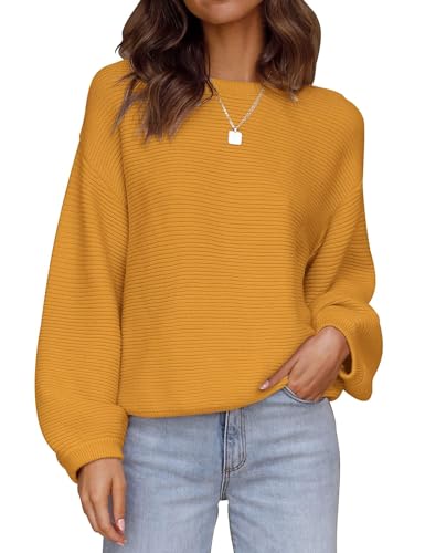 ZESICA Damen Rundhalsausschnitt Lange Laternenärmel Casual Lose Rippstrick Solid Weich Pullover Sweater Tops, ingwer, X-Groß von ZESICA