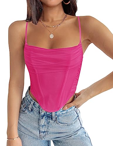 ZESICA Damen Sexy Bustier Crop Top Spaghettiträger Rückenfrei Y2k Club Party Cami Korsett Tops, hot pink, Small von ZESICA