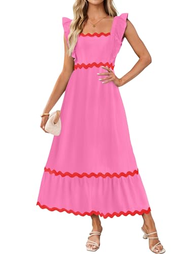 ZESICA Damen Sommer Ärmellos Rüschen Kleider 2025 Quadratischer Ausschnitt Rückenfrei Boho Flowy Maxi Sommerkleid mit Taschen, Rose, Mittel von ZESICA
