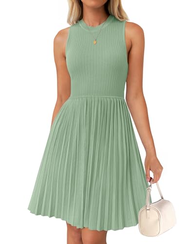 ZESICA Damen Sommer Ärmelloses Minikleid 2025 Rundhalsausschnitt Strick A-Linie Plissee Swing Casual Basic Kurzes Kleid, hellgrün, X-Groß von ZESICA