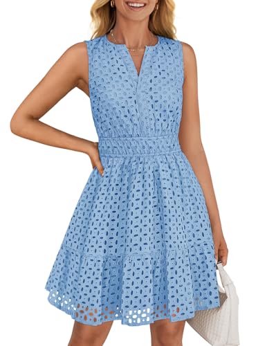 ZESICA Damen Sommer Ärmelloses Minikleid V-Ausschnitt Aushöhlen Ösen Hohe Taille A-Linie Swing Kurz Partykleider, Hellblau, Mittel von ZESICA