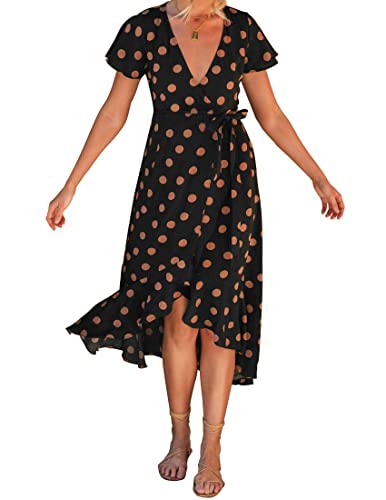 ZESICA Damen Sommer Bohemian Floral Printed Wrap V Ausschnitt Strand Party Flowy Rüschen Midi Kleid, Blackdot, Mittel von ZESICA