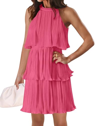 ZESICA Damen Sommer Boho Neckholder Kleider 2024 Ärmellos Rüschen gestuft Lagig Chiffon Plissee A Linie Swing Minikleid, Knallpink (Hot Pink), Groß von ZESICA