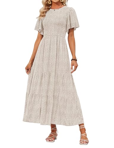 ZESICA Damen Sommer Casual Floral Print Kurz Flatterärmel Rundhalsausschnitt Gesmokte hohe Taille Flowy Maxikleid, beige, Klein von ZESICA