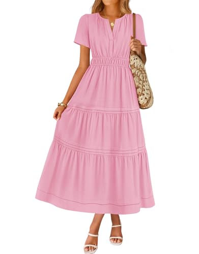 ZESICA Damen Sommer Casual Kurzarm Midi Kleider 2025 V Ausschnitt Elastische Taille Gestuftes Flowy Boho Kleid mit Tasche, Pink, Klein von ZESICA