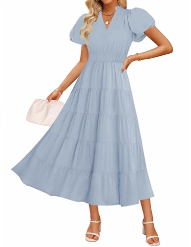 ZESICA Damen Sommer Casual Maxikleid 2025 Puffkleid Kurzarm V-Ausschnitt Rüschen Gestuft Flowy Boho Strandkleider, Hellblau, Groß von ZESICA