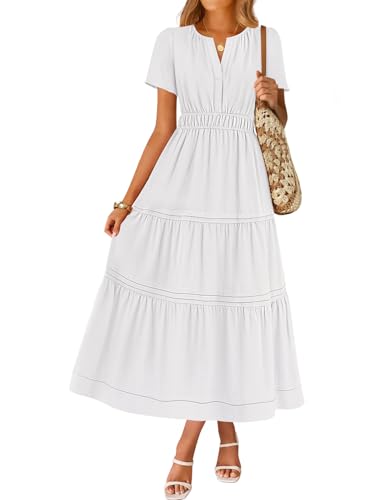 ZESICA Damen Sommer Casual Midi Kleider 2025 Kurzarm V-Ausschnitt Elastische Taille Elegant Boho Flowy Langes Kleid mit Tasche, Weiss/opulenter Garten, X-Groß von ZESICA