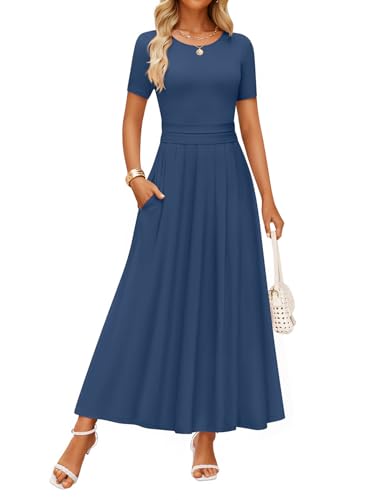 ZESICA Damen Sommer Kurzarm Maxikleid 2025 Casual Rundhalsausschnitt Plissee A-Linie Flowy Lange Kleider mit Taschen, Marineblau, Mittel von ZESICA
