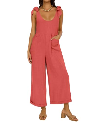 ZESICA Damen Sommer Lose Ärmellos Jumpsuits Leinen Verstellbare Träger Oversized Breites Bein Lange Overall Strampler mit Taschen, Wassermelone, Large von ZESICA