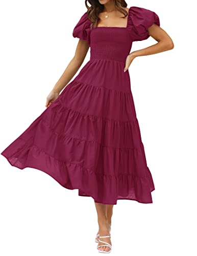 ZESICA Damen Sommer Quadratischer Ausschnitt Kurze Puffärmel Einfarbig Hohe Taille Casual Smocked Flowy A-Linie Gestuftes Midikleid, Fuchsia, Groß von ZESICA