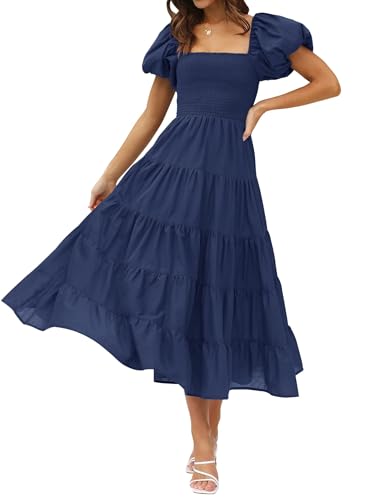 ZESICA Damen Sommer Quadratischer Ausschnitt Kurze Puffärmel Einfarbig Hohe Taille Casual Smocked Flowy A-Linie Gestuftes Midikleid, Navy, Mittel von ZESICA