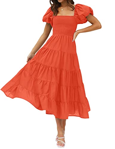 ZESICA Damen Sommer Quadratischer Ausschnitt Kurze Puffärmel Einfarbig Hohe Taille Casual Smocked Flowy A-Linie Gestuftes Midikleid, Orange, Mittel von ZESICA