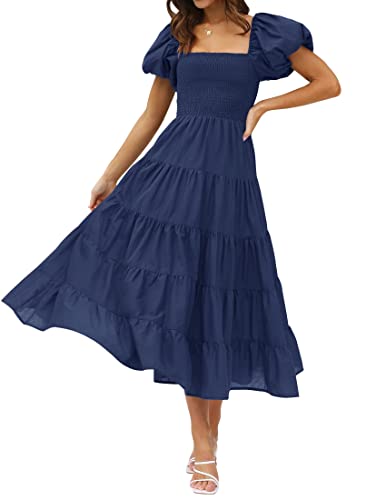 ZESICA Damen Sommer Quadratischer Ausschnitt Kurze Puffärmel Einfarbig Hohe Taille Casual Smocked Flowy A-Linie Gestuftes Midikleid, navy, Groß von ZESICA