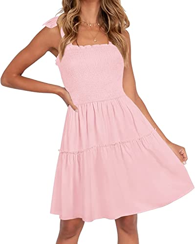 ZESICA Damen Sommer Spaghettiträger ärmellos quadratischer Ausschnitt Rüschen A Linie Swing Minikleid, Pink, Klein von ZESICA