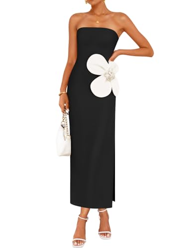 ZESICA Damen Sommer Trägerlos Bodycon Maxikleid 2025 Rippstrick Rückenfrei Floral Tube Cocktail Party Lange Kleider, Schwarz, X-Groß von ZESICA