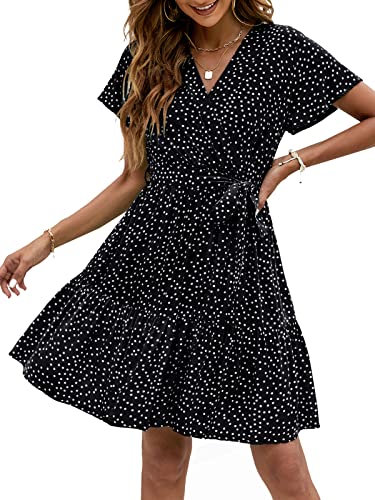 ZESICA Damen Sommer Wickelkleid V-Ausschnitt Bohemian Blumendruck Rüschen Swing A Linie Strand Minikleid, schwarz, Groß von ZESICA