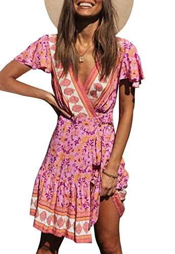 ZESICA Damen Sommer Wickelkleid V Ausschnitt Bohemian Blumendruck Rüschen Swing A Linie Strand Minikleid - Pink - Mittel von ZESICA