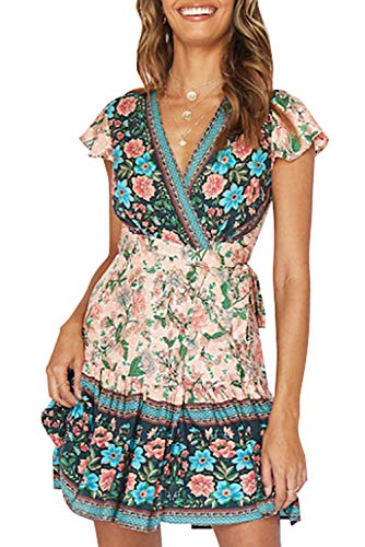 ZESICA Damen Sommer Wrap V Ausschnitt Bohemian Floral Print Rüschen Swing A Linie Strand Minikleid, Nude, Klein von ZESICA