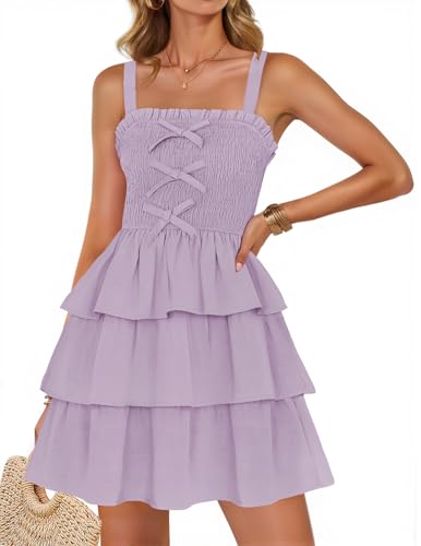 ZESICA Damen Sommer ärmellos Rüschen gestufte mehrlagige Minikleider 2025 quadratischer Ausschnitt gesmoktes kurzes Strand-Sommerkleid, Violett, X-Groß von ZESICA