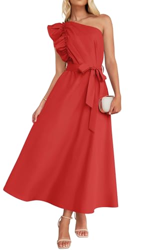 ZESICA Damen-Sommerkleid, einschultrig, Rüschenkleid, ärmellos, Empire-Taille, Boho, fließend, Strandkleid, Maxikleider, Wassermeloniert, Mittel von ZESICA