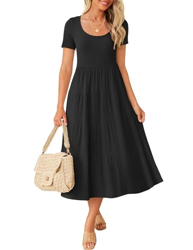 ZESICA Damen-Sommerkleid 2024, lässiges T-Shirt-Kleid, kurzärmelig, U-Ausschnitt, fließend, gestuft, Strandkleid, Midi-Kleider mit Taschen, Dunkelschwarz, Groß von ZESICA