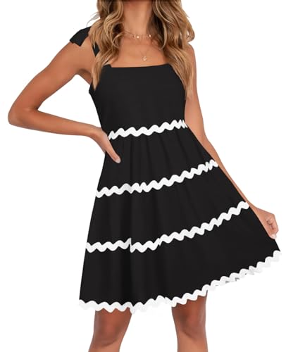 ZESICA Damen Sommerkleid 2024 Swing Minikleid Casual Spaghettiträger ärmellos gesmokt rückenfrei fließend A-Linie Sommerkleid, Schwarz, Mittel von ZESICA