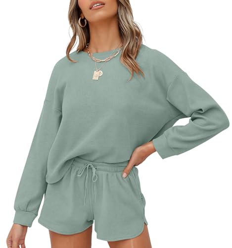 ZESICA Damen Waffelstrick Langarm Top und Shorts Pullover Nachtwäsche Lounge Pyjama Set mit Taschen, Grün, S von ZESICA