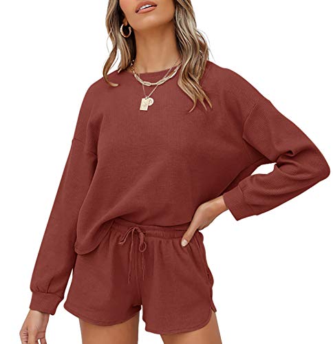 ZESICA Damen Waffelstrick Langarm Top und Shorts Pullover Nachtwäsche Lounge Pyjama Set mit Taschen, Ziegelstein, S von ZESICA