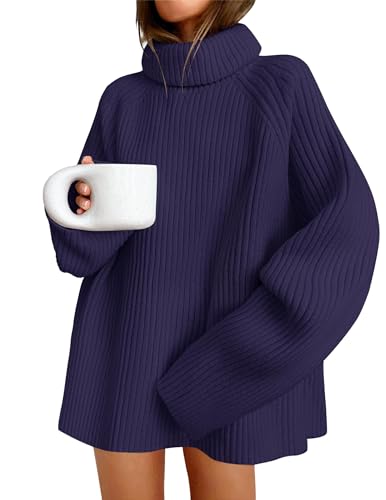 ZESICA Damen Winter Pullover Oversized Rollkragen Langarm Grobstrick Pullover Sweater Jumper Tops, Marineblau, X-Groß von ZESICA
