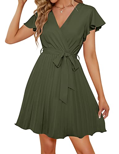 ZESICA Damen Wrap V Ausschnitt Minikleid 2023 Sommer Flatterärmel Krawatte Taille Plissee A Linie Swing Hochzeit Party Kurze Kleider, Army Grün, Klein von ZESICA