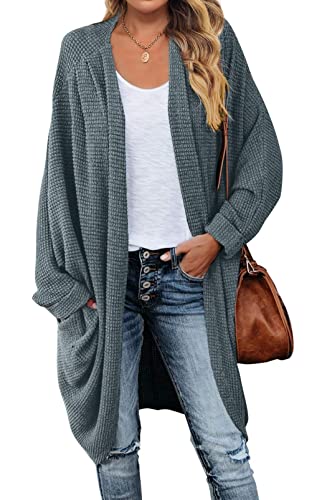 ZESICA Damen-Pullover, lässig, Waffelstrick, einfarbig, lange Fledermausärmel, übergroß, vorne offen, Cardigan, Dustygreen, Mittel von ZESICA