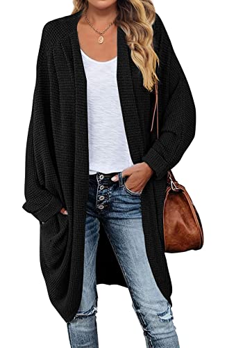 ZESICA Damen-Pullover, lässig, Waffelstrick, einfarbig, lange Fledermausärmel, übergroß, vorne offen, Cardigan, Schwarz, Mittel von ZESICA