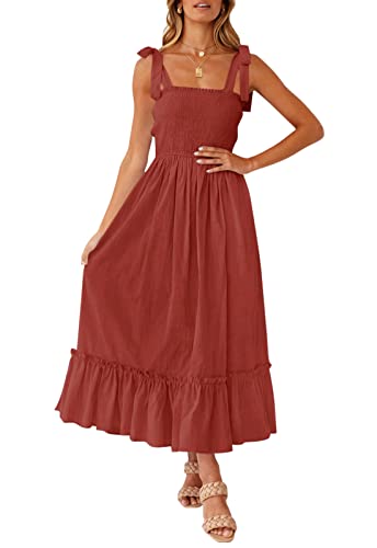 ZESICA Frauen 2023 Sommer Boho Spaghettiträger Quadratischer Hals Einfarbig Rüschen Eine Linie Strand Lange Maxi Kleid, Rost, Groß von ZESICA