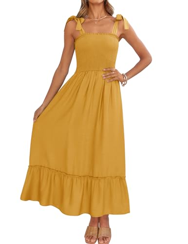 ZESICA Frauen 2023 Sommer Boho Spaghettiträger Quadratischer Hals Einfarbig Rüschen Eine Linie Strand Lange Maxi Kleid, Senf, Klein von ZESICA