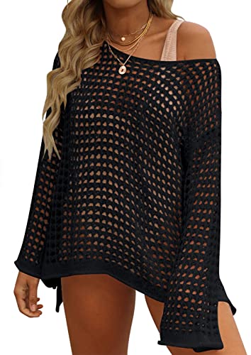 ZESICA Frauen 2023 Sommer Häkeln Aushöhlen Langarm Strand Bikini Badeanzug Mesh Cover Up Tunika Top, Schwarz, XX-Large von ZESICA