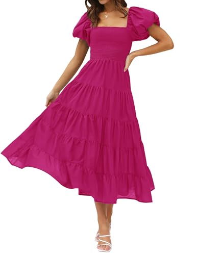 ZESICA Frauen 2023 Sommer Quadratischer Ausschnitt Kurze Puffärmel Einfarbig Hohe Taille Lässig Gesmokt Flowy A Linie Stufened Midi Kleid, Rose, Medium ZESICA Frauen 2023 Sommer Quadratischer Ausschnitt Kurze Puffärmel Einfarbig Hohe Taille Lässig Gesmokt Flowy A Linie Stufened Midi Kleid, Rose, Medium von ZESICA