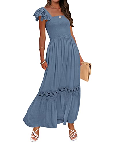 ZESICA Frauen 2023 Sommer Spitze Strap ärmellos quadratischen Hals gesmokt Hohe Taille Rüsche aushöhlen Flowy A Linie Maxikleid, Dustyblue, X-Groß von ZESICA