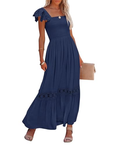 ZESICA Frauen 2024 Sommer Spitze Strap ärmellos quadratischen Hals gesmokt Hohe Taille Rüsche aushöhlen Flowy A Linie Maxikleid, Marineblau, Mittel von ZESICA