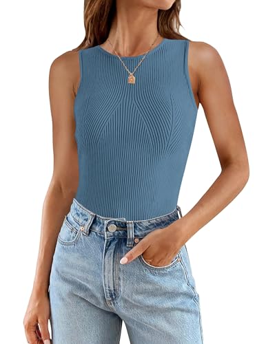 ZESICA Geripptes Damen-Tanktop, Sommer, ärmellos, hoher Ausschnitt, leger, schmale Passform, Basic-Strickhemden, Grau/Blau, X-Klein von ZESICA