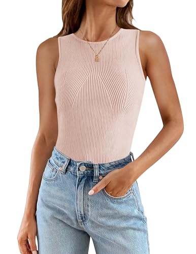 ZESICA Geripptes Damen-Tanktop, Sommer, ärmellos, hoher Ausschnitt, leger, schmale Passform, Basic-Strickhemden, Pink, Klein von ZESICA