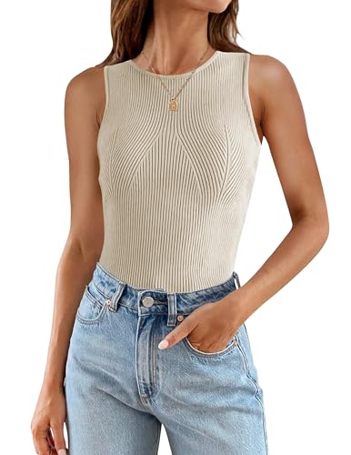 ZESICA Geripptes Damen-Tanktop, Sommer, ärmellos, hoher Ausschnitt, leger, schmale Passform, Basic-Strickhemden, Sand, Groß von ZESICA