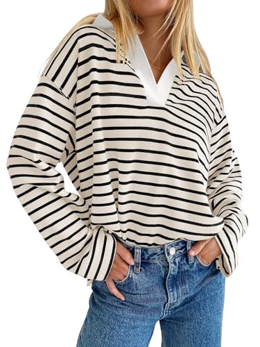 ZESICA Gestreiftes Langarm-Top, 2024, Oversize-Sweatshirt, V-Ausschnitt, lockere Passform, Tunika, Tops, Herbst, lässige Blusen, aprikose, Klein ZESICA Gestreiftes Langarm-Top, 2024, Oversize-Sweatshirt, V-Ausschnitt, lockere Passform, Tunika, Tops, Herbst, lässige Blusen, aprikose, Klein von ZESICA
