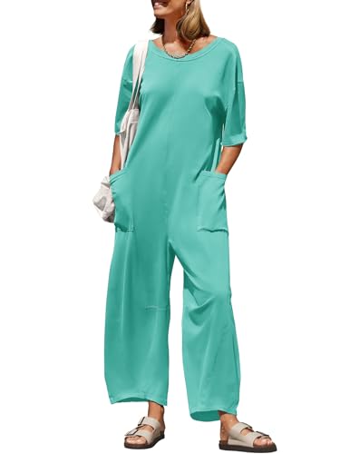 ZESICA Lässiger lockerer Damen-Jumpsuit 2024, kurzärmelig, Rundhalsausschnitt, rückenfrei, weites Bein, lange Hose, Overall, Strampler, Aqua, Large von ZESICA