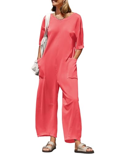 ZESICA Lässiger lockerer Damen-Jumpsuit 2024, kurzärmelig, Rundhalsausschnitt, rückenfrei, weites Bein, lange Hose, Overall, Strampler, Wassermeloniert, Medium von ZESICA