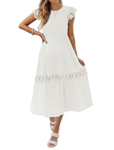 ZESICA Lässiges Damen-Midikleid mit Rundhalsausschnitt, Flatterärmel, gesmokt, hohe Taille, ausgehöhlter Spitzenbesatz, gestuftes A-Linien-Midikleid, Elfenbein, Mittel von ZESICA