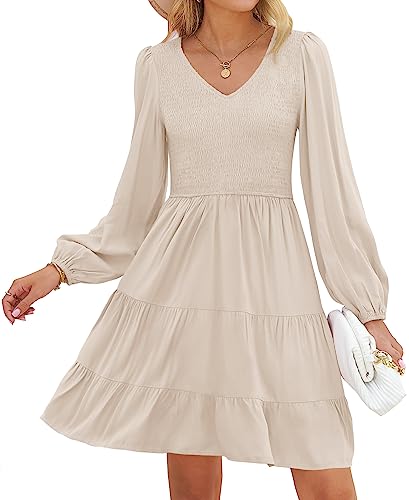 ZESICA Lässiges Damen-Minikleid mit V-Ausschnitt, langärmelig, gesmokt, hohe Taille, Rüschen, A-Linie, gestuftes Minikleid, Beige, Klein von ZESICA